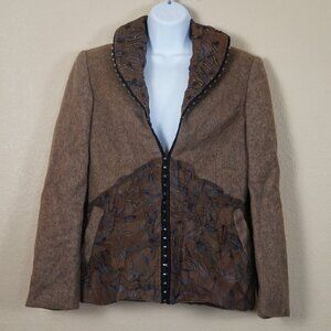 Vintage Womens Brown Wool Embellished Blazer Indie Satin Lined Fairy Grunge